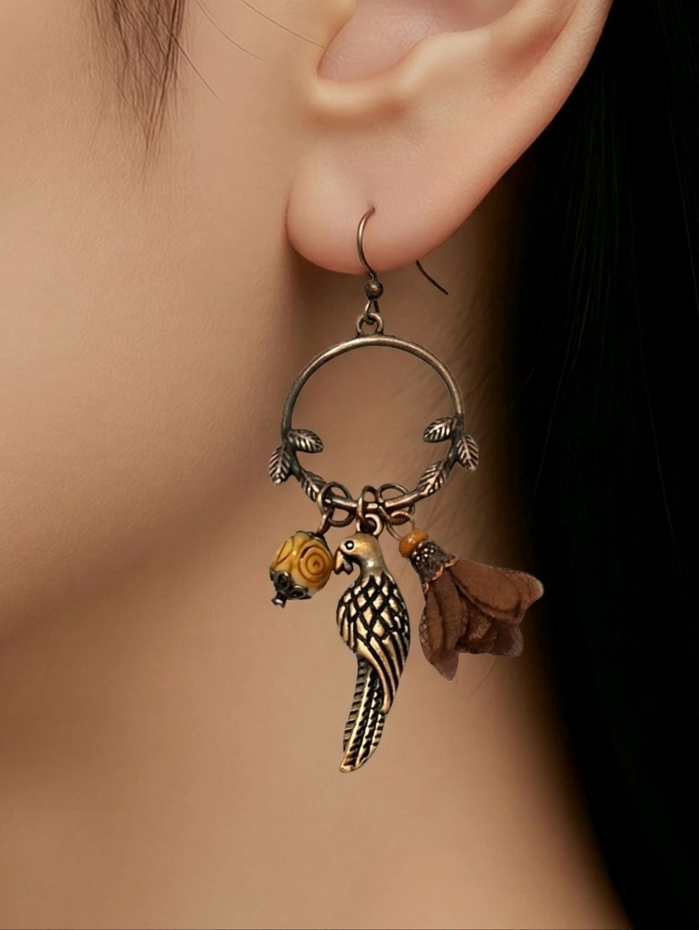 Boho Parrot Earrings Copper Dangle Fish Hook Festival Statement